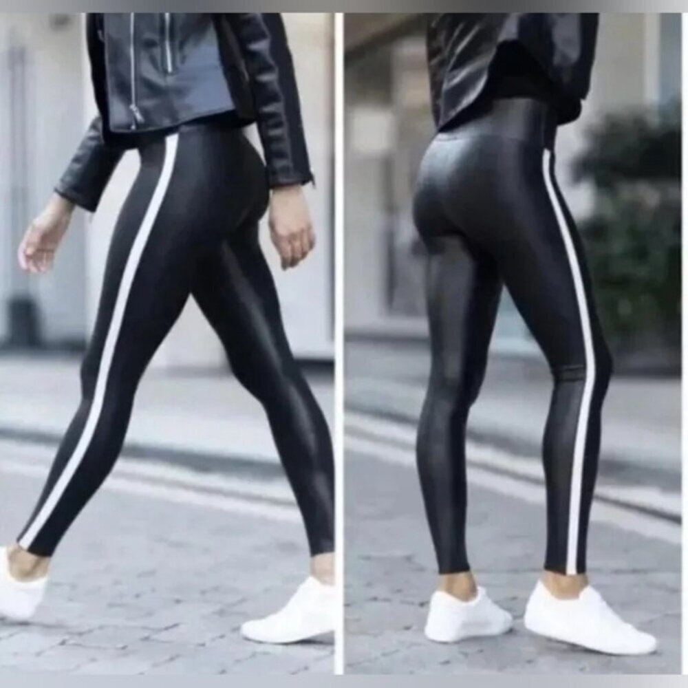 NWT SPANX Shine Black Faux Leather White Stripe Legging 20187P PLUS Size 3X